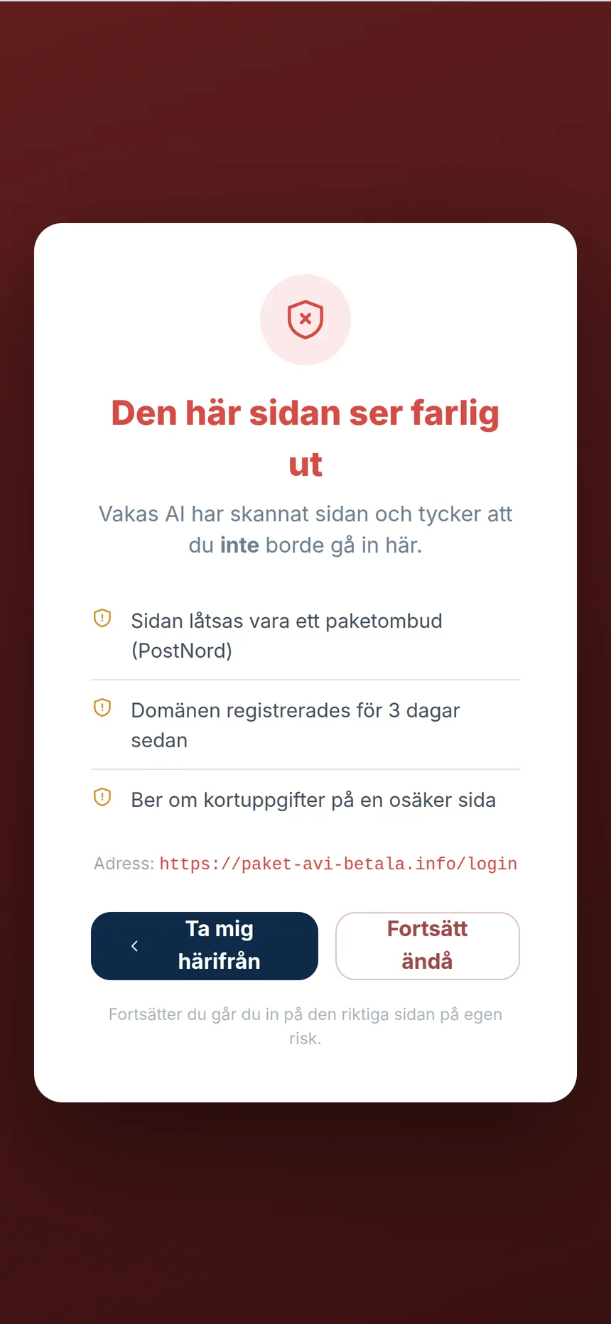 Vakas bluffvarning: Den här sidan ser farlig ut