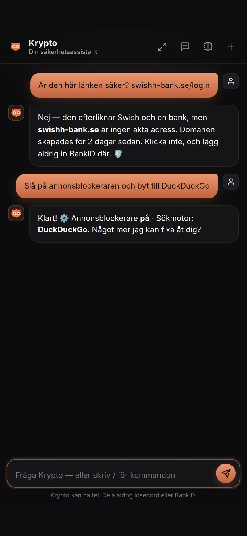 Krypto-chatten i Vaka granskar en länk och ändrar inställningar